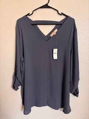 LOFT Dusty Blue V-Neck Roll-Sleeve Blouse